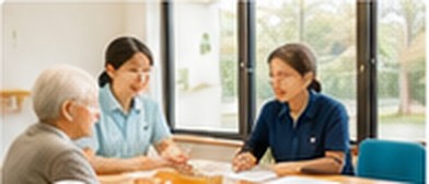 高齢者と職員が相談する様子